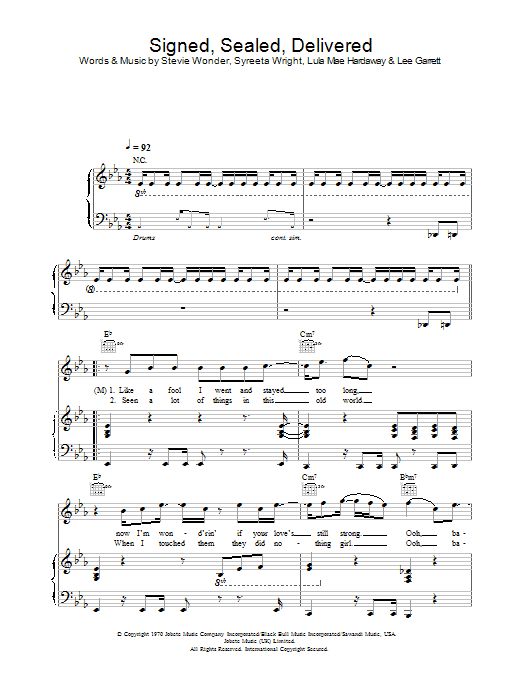 Preview Blue Signed, Sealed, Delivered Pop sheet music, notes and chords for Piano, Vocal & Guitar, SKU: 26084 Signed, Sealed, Delivered sheet music