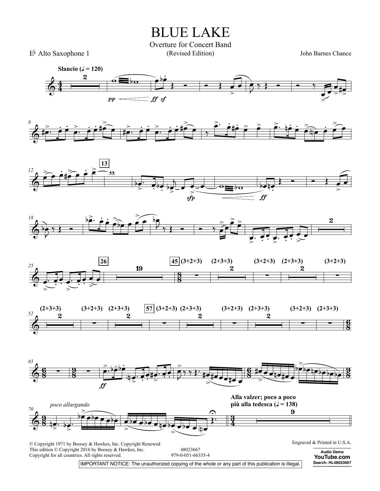 John Barnes Chance Blue Lake Overture For Concert Band Eb Alto Saxophone 1 Sheet Music Download Pdf Score 382566