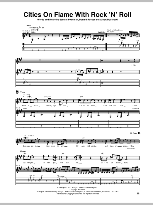 Preview Blue Oyster Cult Cities On Flame With Rock 'N' Roll Pop sheet music, notes and chords for Easy Guitar Tab, SKU: 73030 Cities On Flame With Rock 'N' Roll sheet music