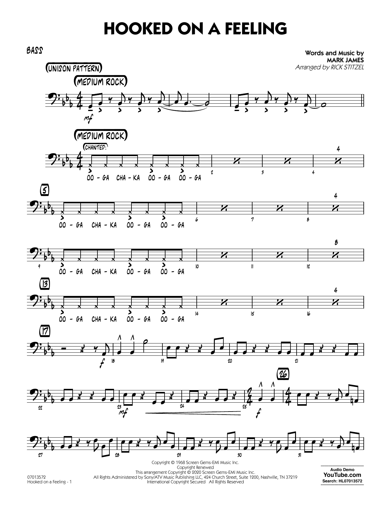 en kreditor Enkelhed lære Blue Swede "Hooked On A Feeling (arr. Rick Stitzel) - Bass" Sheet Music |  Download PDF Score 434040