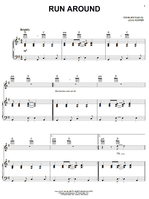 Blues Traveler Run Around Sheet Music Notes & Chords for Easy Guitar - Download or Print PDF