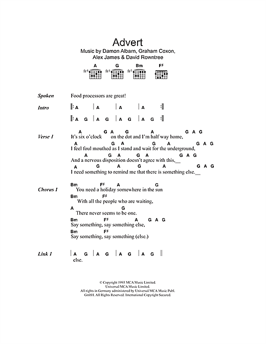 Blur Advert Sheet Music Notes & Chords for Lyrics & Chords - Download or Print PDF