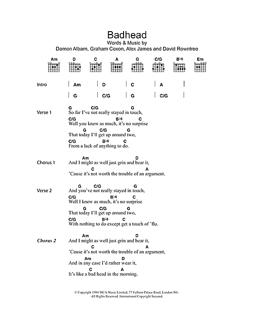 Blur Badhead Sheet Music Notes & Chords for Lyrics & Chords - Download or Print PDF