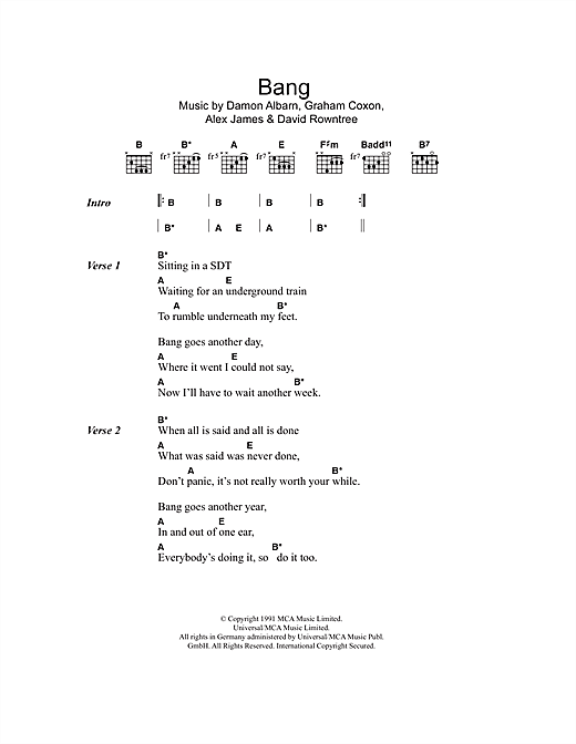 Blur Bang Sheet Music Notes & Chords for Piano, Vocal & Guitar (Right-Hand Melody) - Download or Print PDF