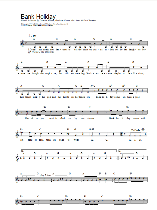 Blur Bank Holiday Sheet Music Notes & Chords for Melody Line, Lyrics & Chords - Download or Print PDF