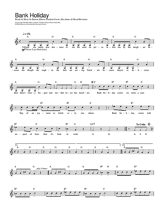 Preview Blur Bank Holiday Pop sheet music, notes and chords for Melody Line, Lyrics & Chords, SKU: 13961 Bank Holiday sheet music