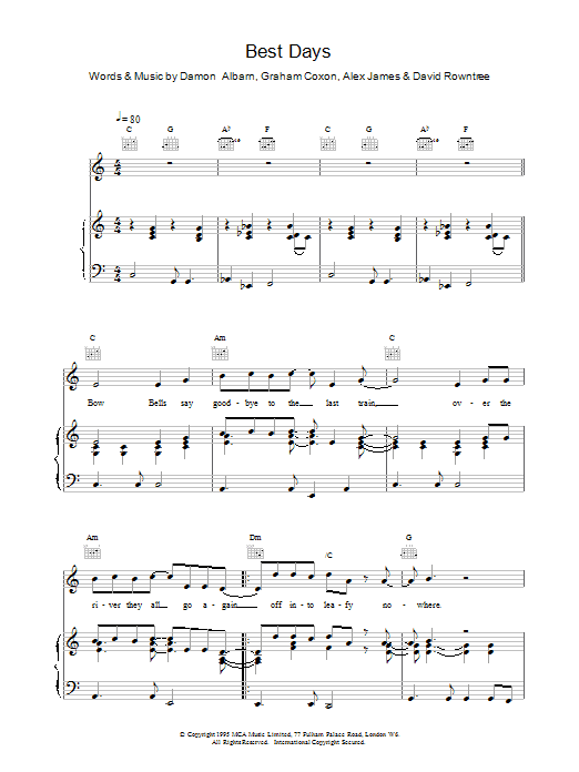 Blur Best Days Sheet Music Notes & Chords for Lyrics & Chords - Download or Print PDF