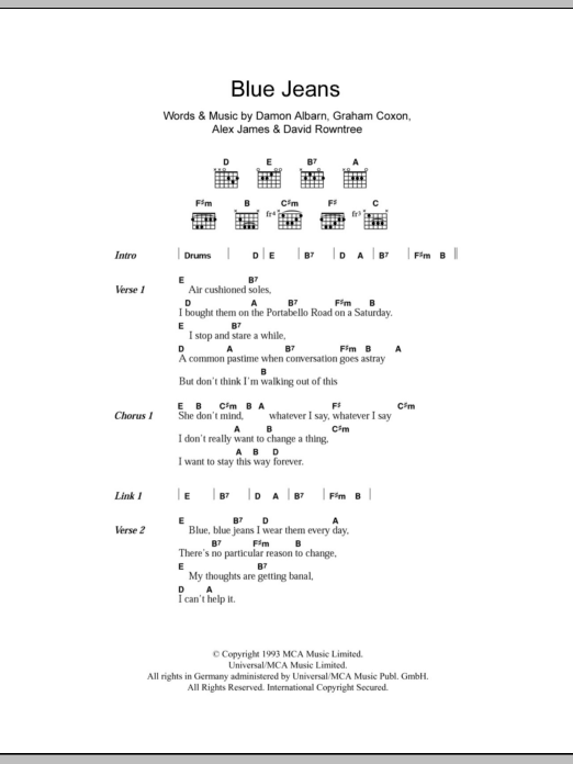 Blur Blue Jeans Sheet Music Notes & Chords for Lyrics & Chords - Download or Print PDF