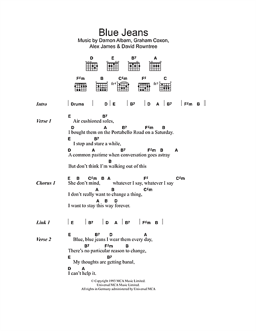 Blur Blue Jeans Sheet Music Notes & Chords for Lyrics & Chords - Download or Print PDF