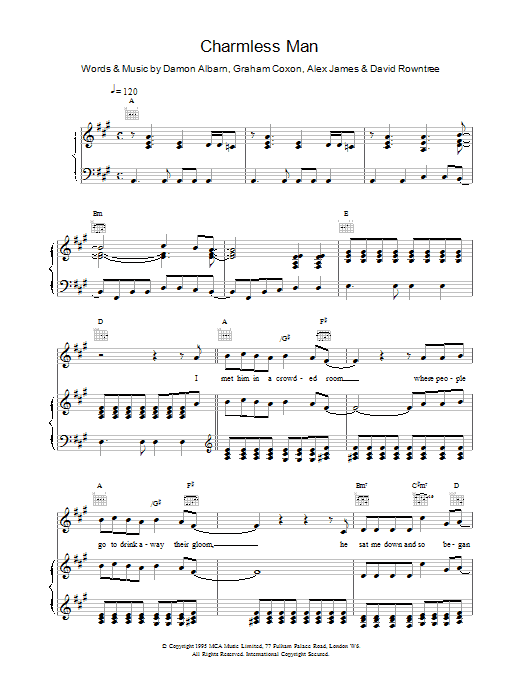 Blur Charmless Man Sheet Music Notes & Chords for Lyrics & Chords - Download or Print PDF