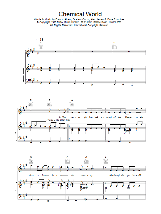 Blur Chemical World Sheet Music Notes & Chords for Lyrics & Chords - Download or Print PDF