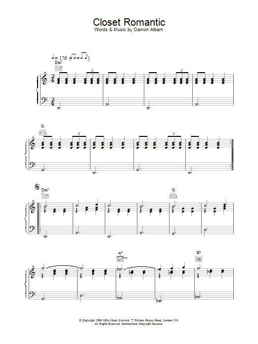 Blur Closet Romantic Sheet Music Notes & Chords for Piano, Vocal & Guitar (Right-Hand Melody) - Download or Print PDF