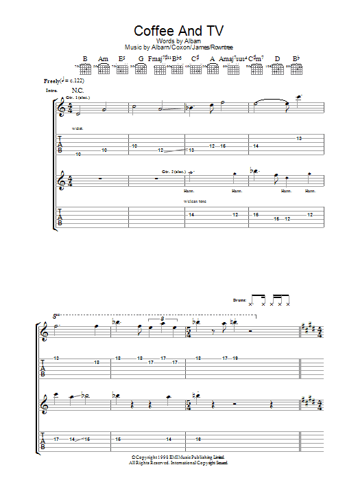 Blur Coffee & TV Sheet Music Notes & Chords for Guitar Tab - Download or Print PDF
