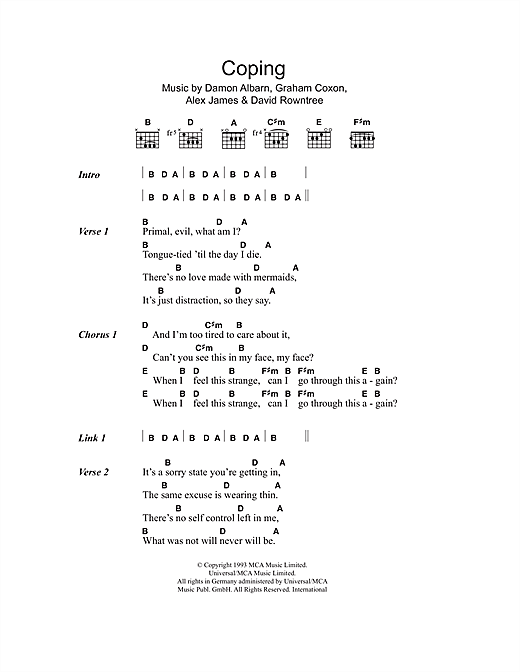 Blur Coping Sheet Music Notes & Chords for Lyrics & Chords - Download or Print PDF