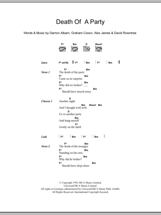 Blur Death Of A Party Sheet Music Notes & Chords for Lyrics & Chords - Download or Print PDF