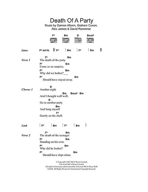 Blur Death Of A Party Sheet Music Notes & Chords for Lyrics & Chords - Download or Print PDF
