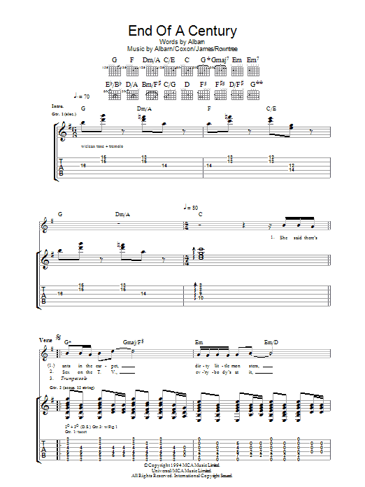 Blur End Of A Century Sheet Music Notes & Chords for Piano, Vocal & Guitar (Right-Hand Melody) - Download or Print PDF