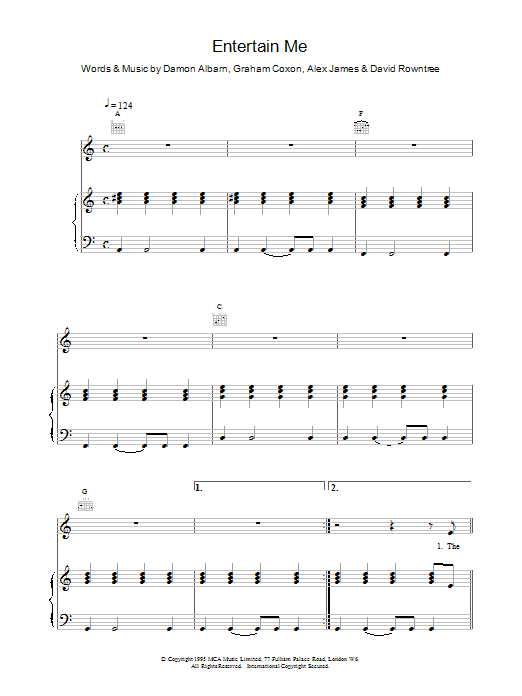 Blur Entertain Me Sheet Music Notes & Chords for Piano, Vocal & Guitar (Right-Hand Melody) - Download or Print PDF