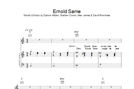 Blur Ernold Same Sheet Music Notes & Chords for Piano, Vocal & Guitar (Right-Hand Melody) - Download or Print PDF