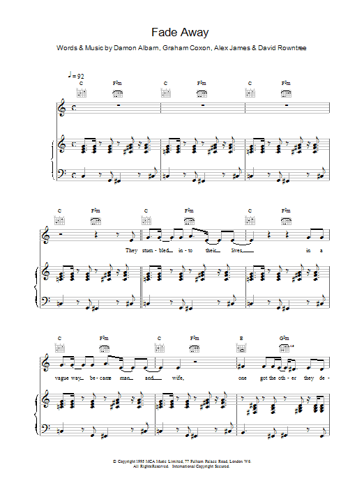 Blur Fade Away Sheet Music Notes & Chords for Piano, Vocal & Guitar (Right-Hand Melody) - Download or Print PDF