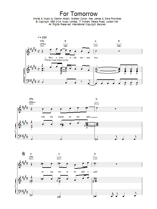 Blur For Tomorrow Sheet Music Notes & Chords for Piano, Vocal & Guitar (Right-Hand Melody) - Download or Print PDF