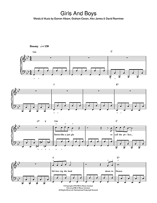 Preview Blur Girls And Boys Pop sheet music, notes and chords for Piano, Vocal & Guitar (Right-Hand Melody), SKU: 13658 sheet music, piano notes, chords, guitar tabs, score, transpose, transcribe, how to play, guide, download, learn, tutorial, progression, song, artist, awards, billboard, mtv, vh1, tour, single, album, release