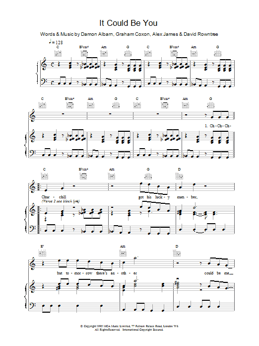 Blur It Could Be You Sheet Music Notes & Chords for Lyrics & Chords - Download or Print PDF