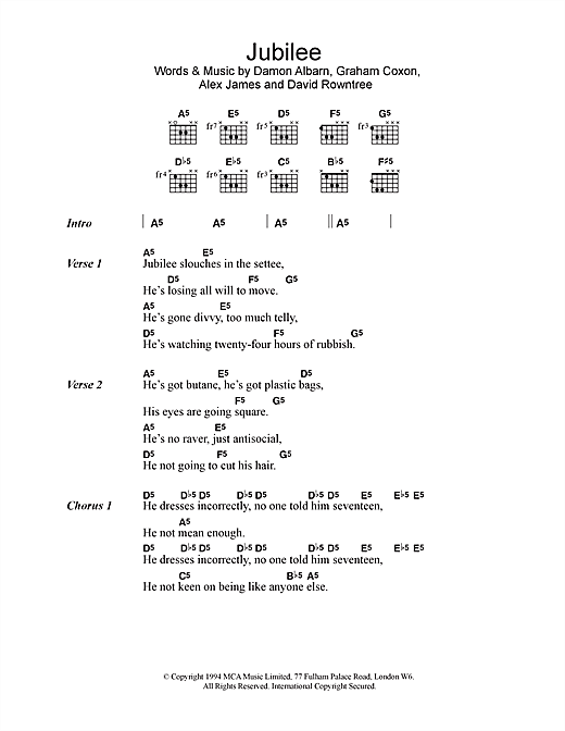 Blur Jubilee Sheet Music Notes & Chords for Lyrics & Chords - Download or Print PDF