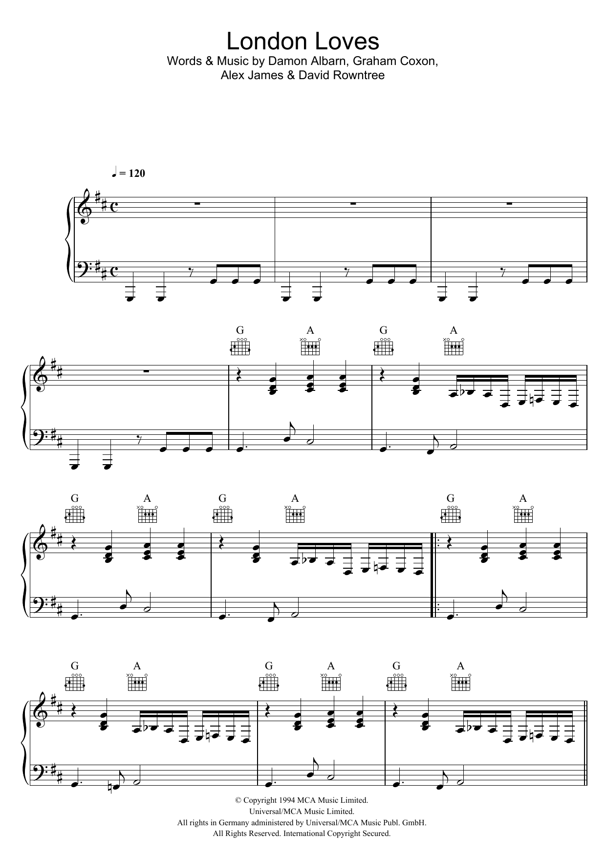 Blur London Loves Sheet Music Notes & Chords for Piano, Vocal & Guitar - Download or Print PDF