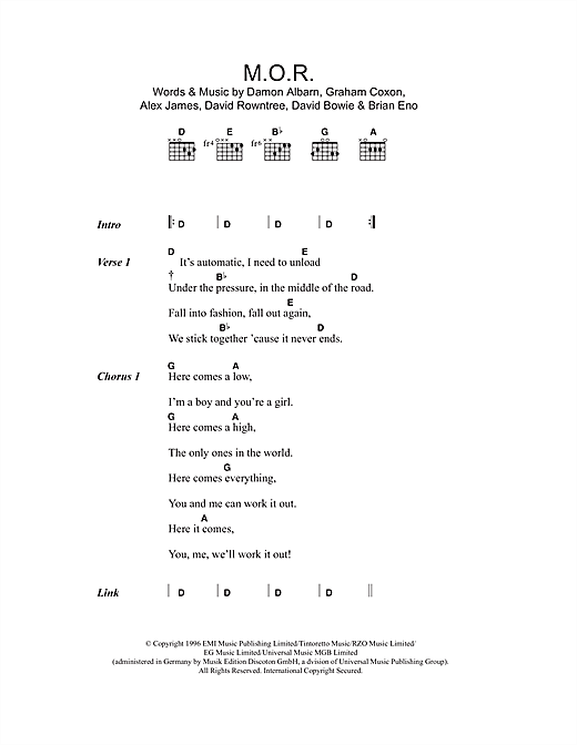 Blur M.O.R. Sheet Music Notes & Chords for Lyrics & Chords - Download or Print PDF