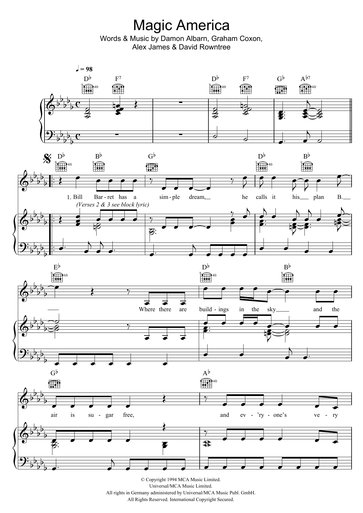 Blur Magic America Sheet Music Notes & Chords for Piano, Vocal & Guitar (Right-Hand Melody) - Download or Print PDF