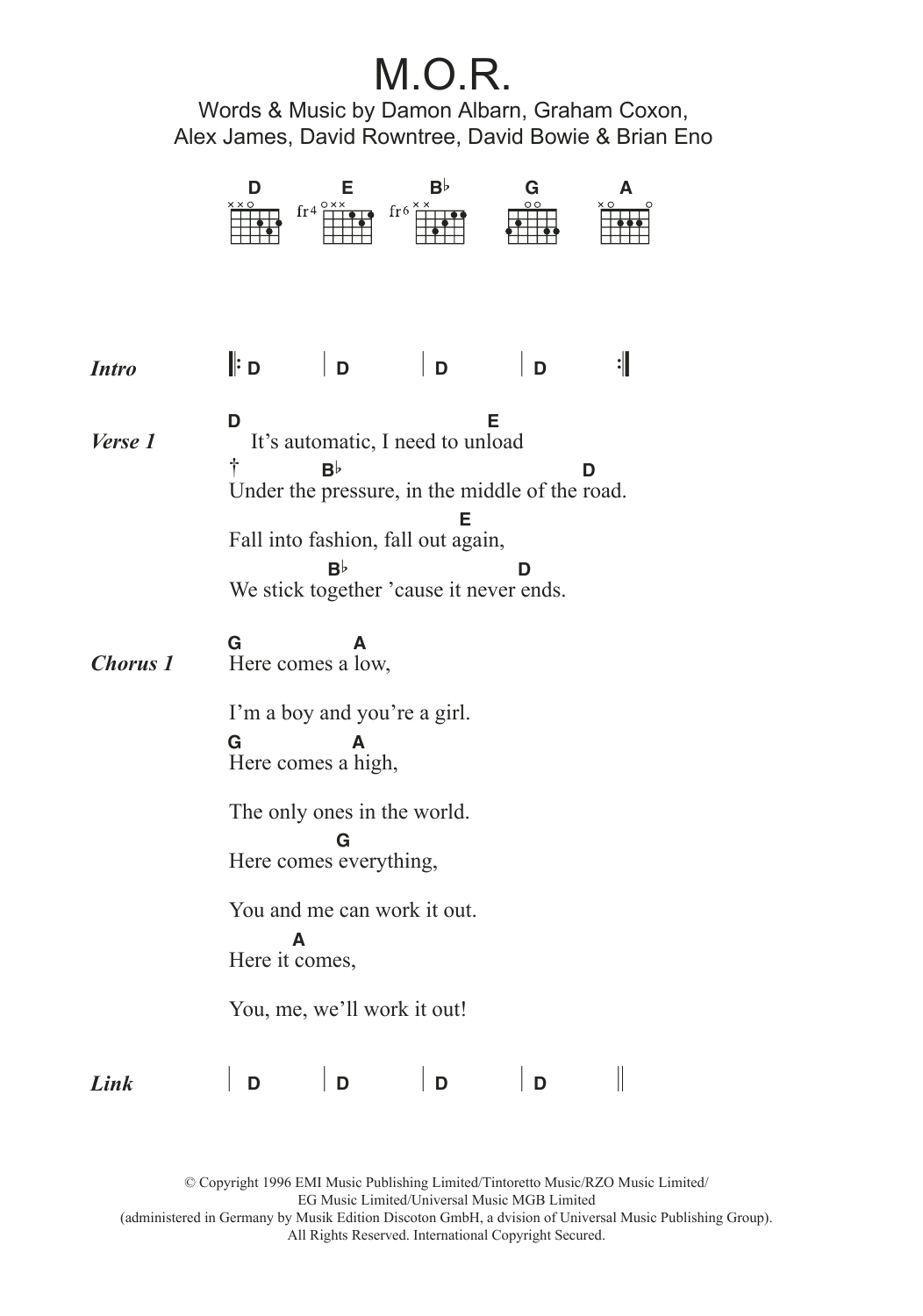 Blur M.O.R. Sheet Music Notes & Chords for Lyrics & Chords - Download or Print PDF