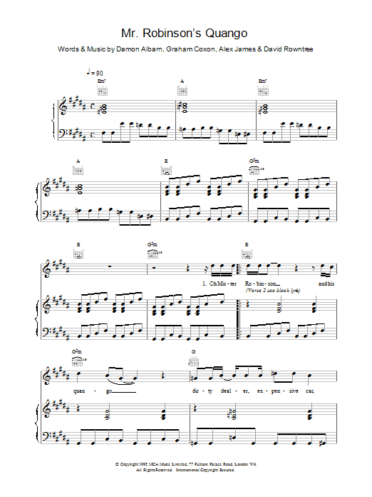 Blur Mr Robinson's Quango Sheet Music Notes & Chords for Piano, Vocal & Guitar - Download or Print PDF