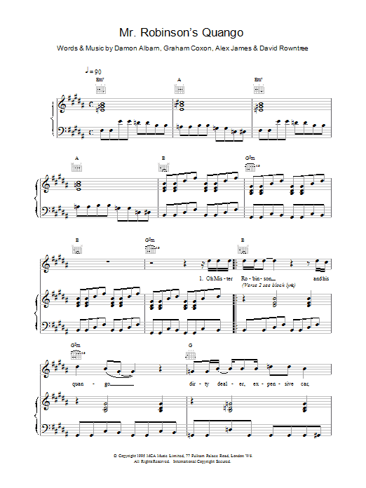 Blur Mr. Robinson's Quango Sheet Music Notes & Chords for Lyrics & Chords - Download or Print PDF