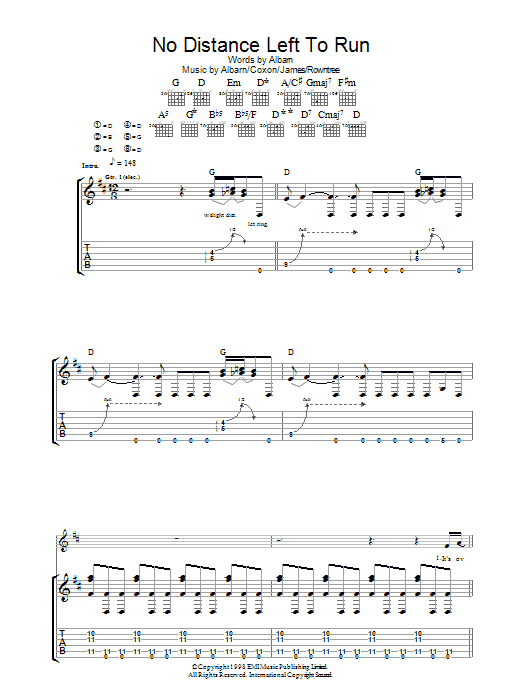 Blur No Distance Left To Run Sheet Music Notes & Chords for Guitar Tab - Download or Print PDF