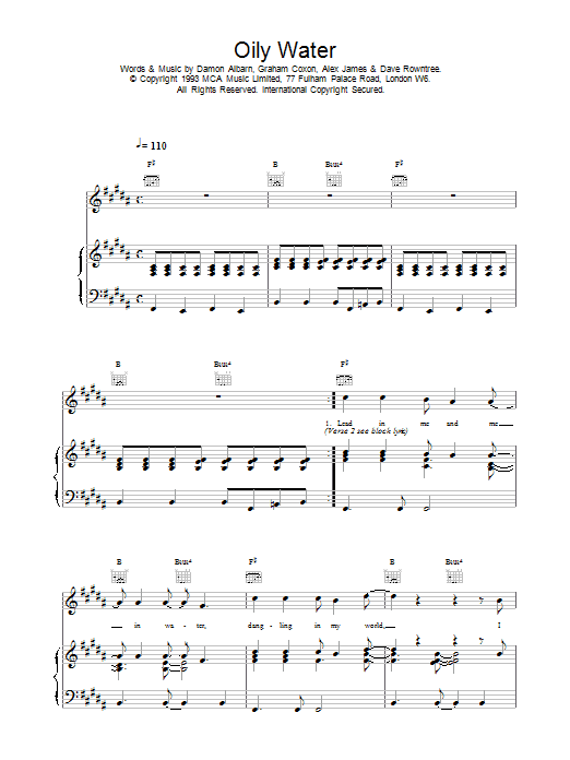 Blur Oily Water Sheet Music Notes & Chords for Piano, Vocal & Guitar (Right-Hand Melody) - Download or Print PDF