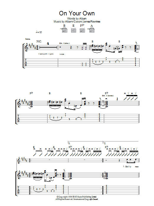 Blur On Your Own Sheet Music Notes & Chords for Lyrics & Chords - Download or Print PDF