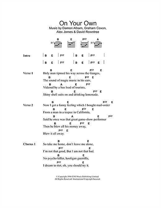 Preview Blur On Your Own Rock sheet music, notes and chords for Guitar Tab, SKU: 36415 On Your Own sheet music