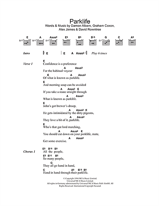 Blur Parklife Sheet Music Notes & Chords for Lyrics & Chords - Download or Print PDF
