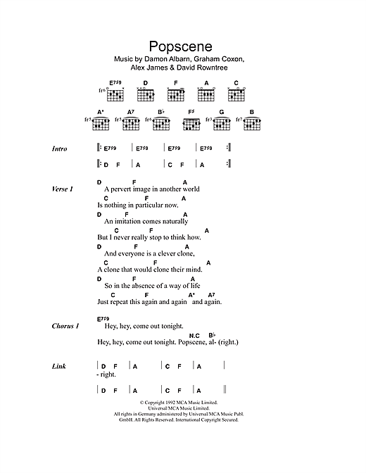 Blur Popscene Sheet Music Notes & Chords for Piano, Vocal & Guitar (Right-Hand Melody) - Download or Print PDF