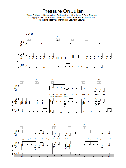 Blur Pressure On Julian Sheet Music Notes & Chords for Piano, Vocal & Guitar (Right-Hand Melody) - Download or Print PDF