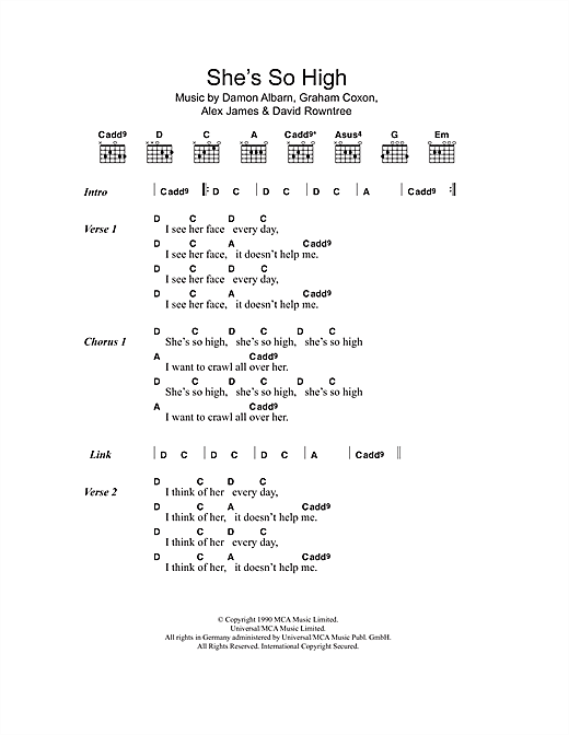 Preview Blur She's So High Rock sheet music, notes and chords for Guitar Tab, SKU: 36411 She's So High sheet music