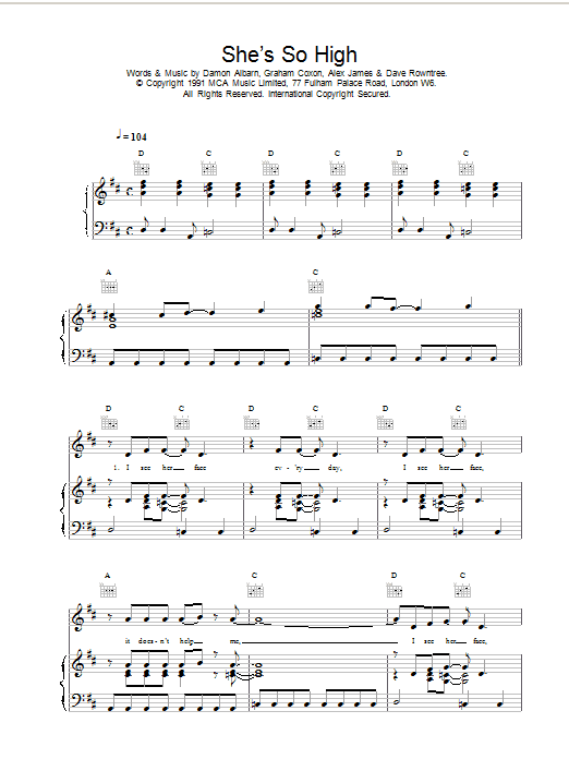 Blur She's So High Sheet Music Notes & Chords for Guitar Tab - Download or Print PDF