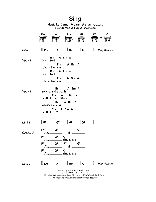 Blur Sing Sheet Music Notes & Chords for Piano, Vocal & Guitar (Right-Hand Melody) - Download or Print PDF