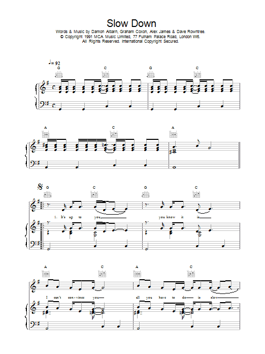 Blur Slow Down Sheet Music Notes & Chords for Piano, Vocal & Guitar (Right-Hand Melody) - Download or Print PDF