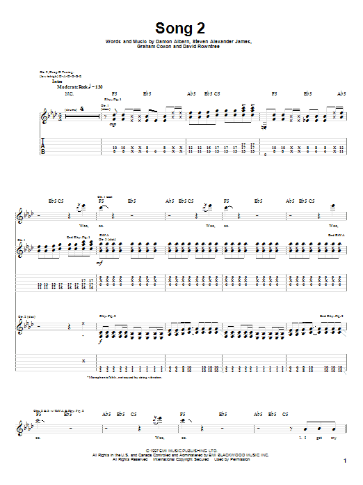 Blur Song 2 Sheet Music Notes & Chords for Melody Line, Lyrics & Chords - Download or Print PDF