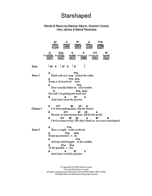 Blur Starshaped Sheet Music Notes & Chords for Lyrics & Chords - Download or Print PDF