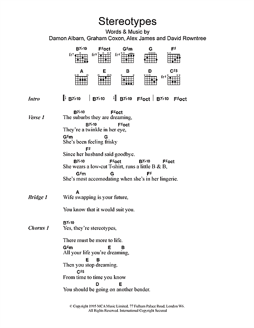 Blur Stereotypes Sheet Music Notes & Chords for Lyrics & Chords - Download or Print PDF