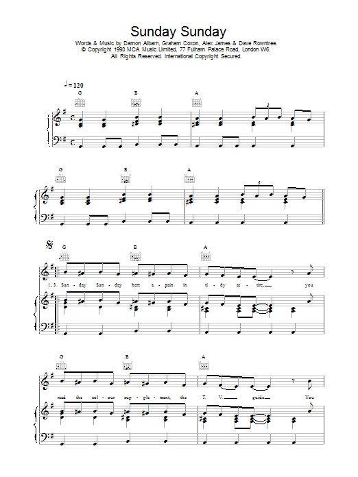 Blur Sunday Sunday Sheet Music Notes & Chords for Piano, Vocal & Guitar (Right-Hand Melody) - Download or Print PDF