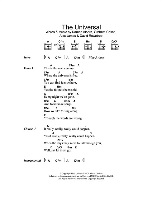 Preview Blur The Universal Pop sheet music, notes and chords for Piano, Vocal & Guitar (Right-Hand Melody), SKU: 15245 sheet music, piano notes, chords, guitar tabs, score, transpose, transcribe, how to play, guide, download, learn, tutorial, progression, song, artist, awards, billboard, mtv, vh1, tour, single, album, release